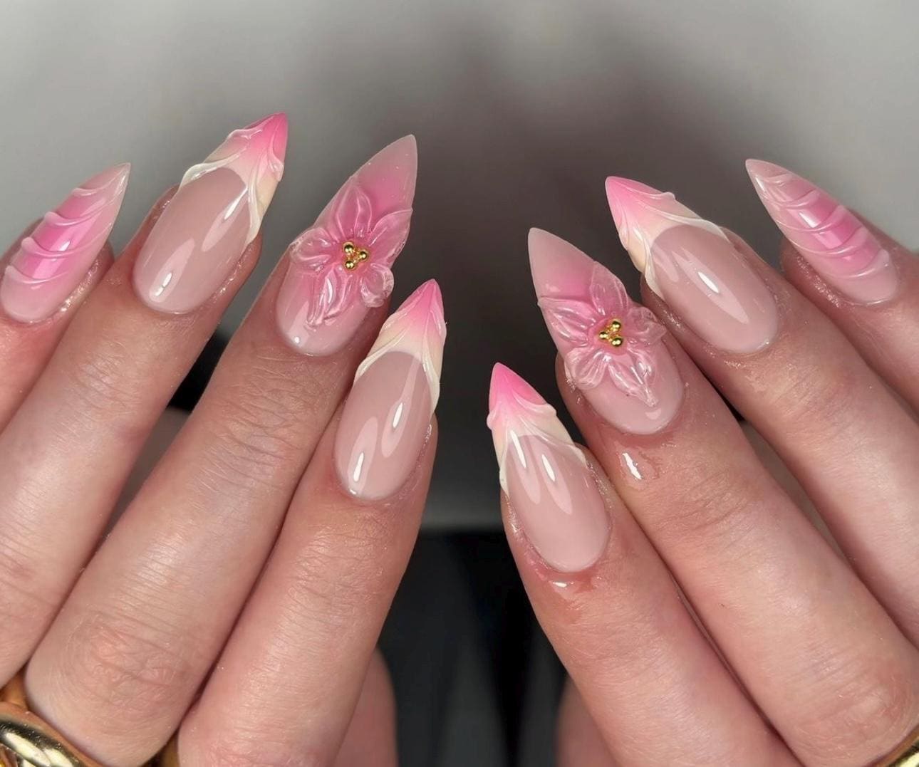 Butter Yellow & Pink Ombre French Nails | Nude Almond Press On Nails with 3D Gel Floral Designs | Soft Colorful Summer Nails, Stiletto Nails