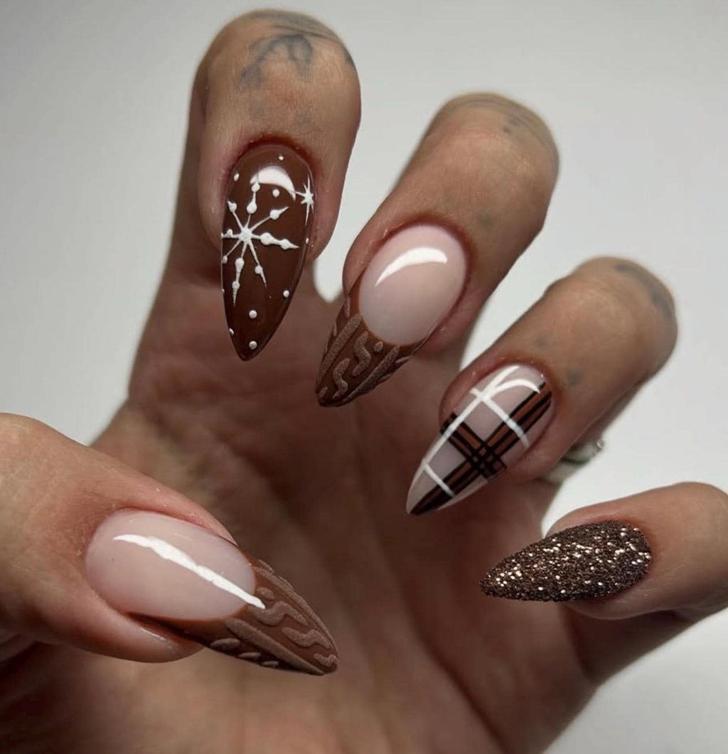 Chocolate Snowflake Winter Press On Nails – Brown Sweater Texture, Cozy Xmas Nails, Handmade Medium Almond Holiday Nail Set, Holiday Gift