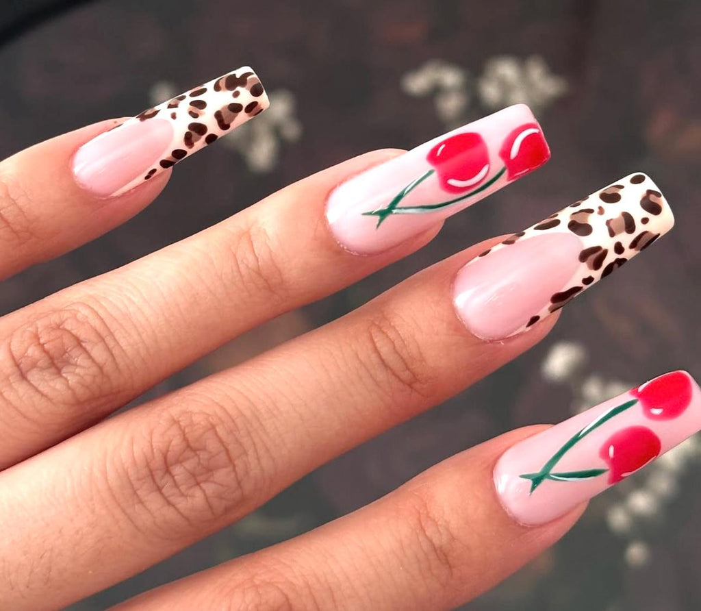 Cherry Leopard Press On Nails: Long Square Handmade Nail Art