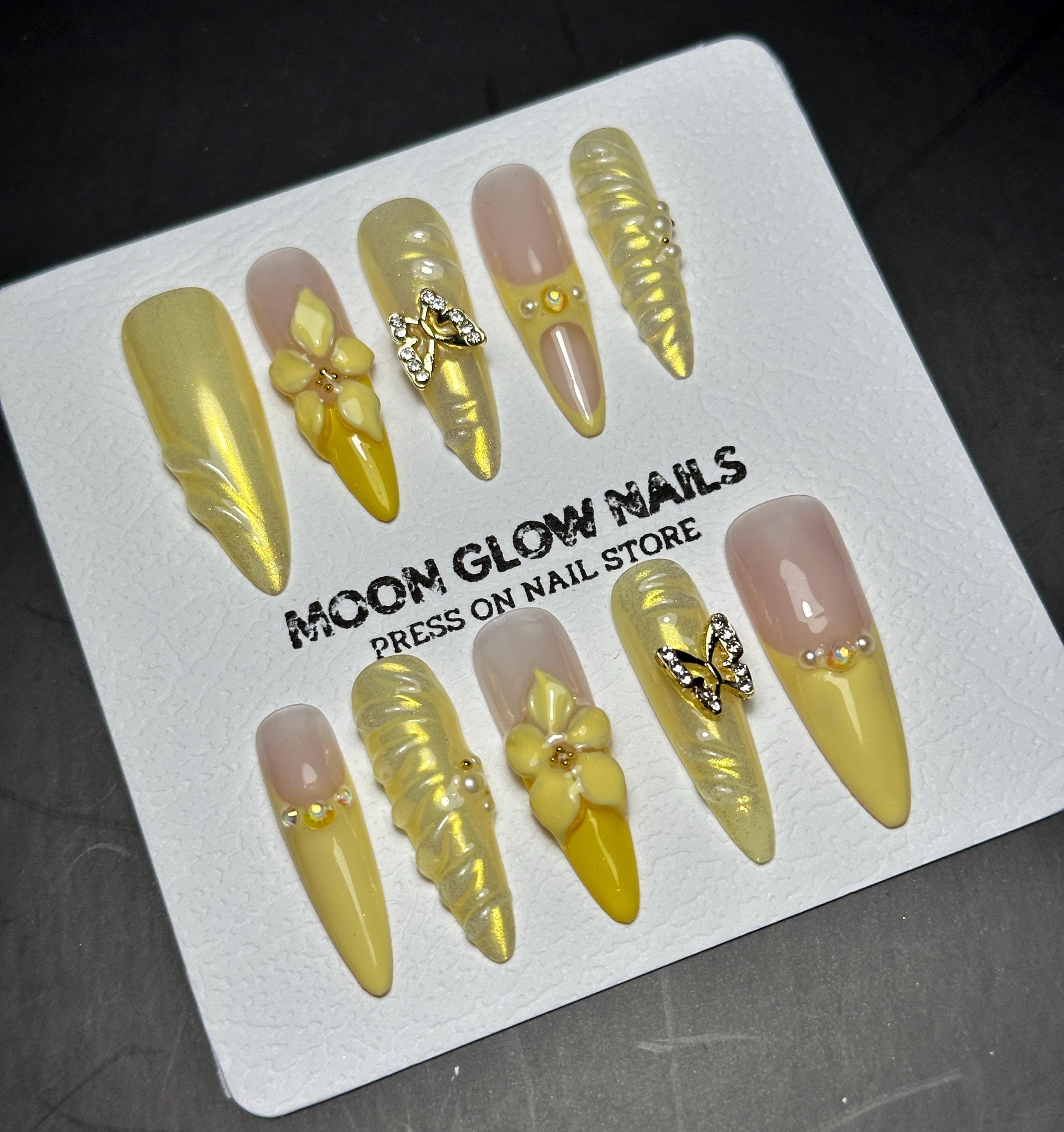 Yellow Press On Nails: 3D Floral Butterfly Almond Glam Nails
