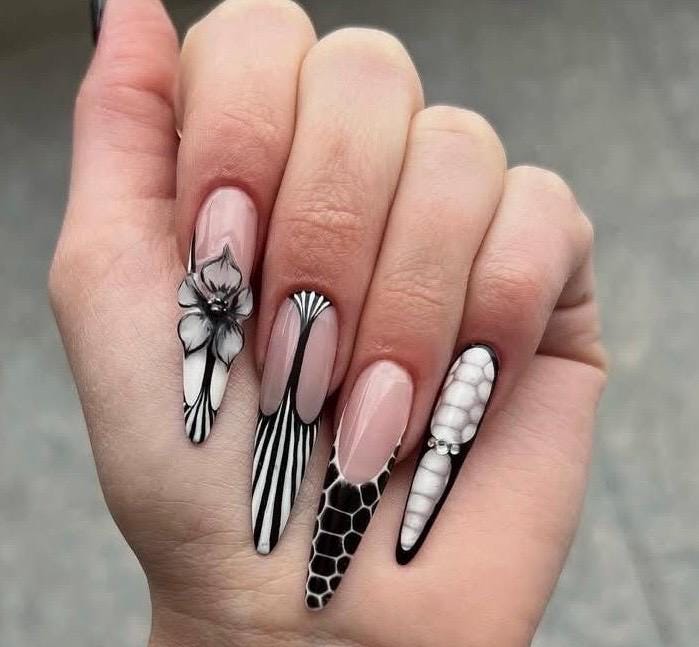 Black & White 3D Flower Press On Nails | Long Stiletto Luxury Nail Set | Monochrome Textured Design | Elegant Handmade Gothic Nails