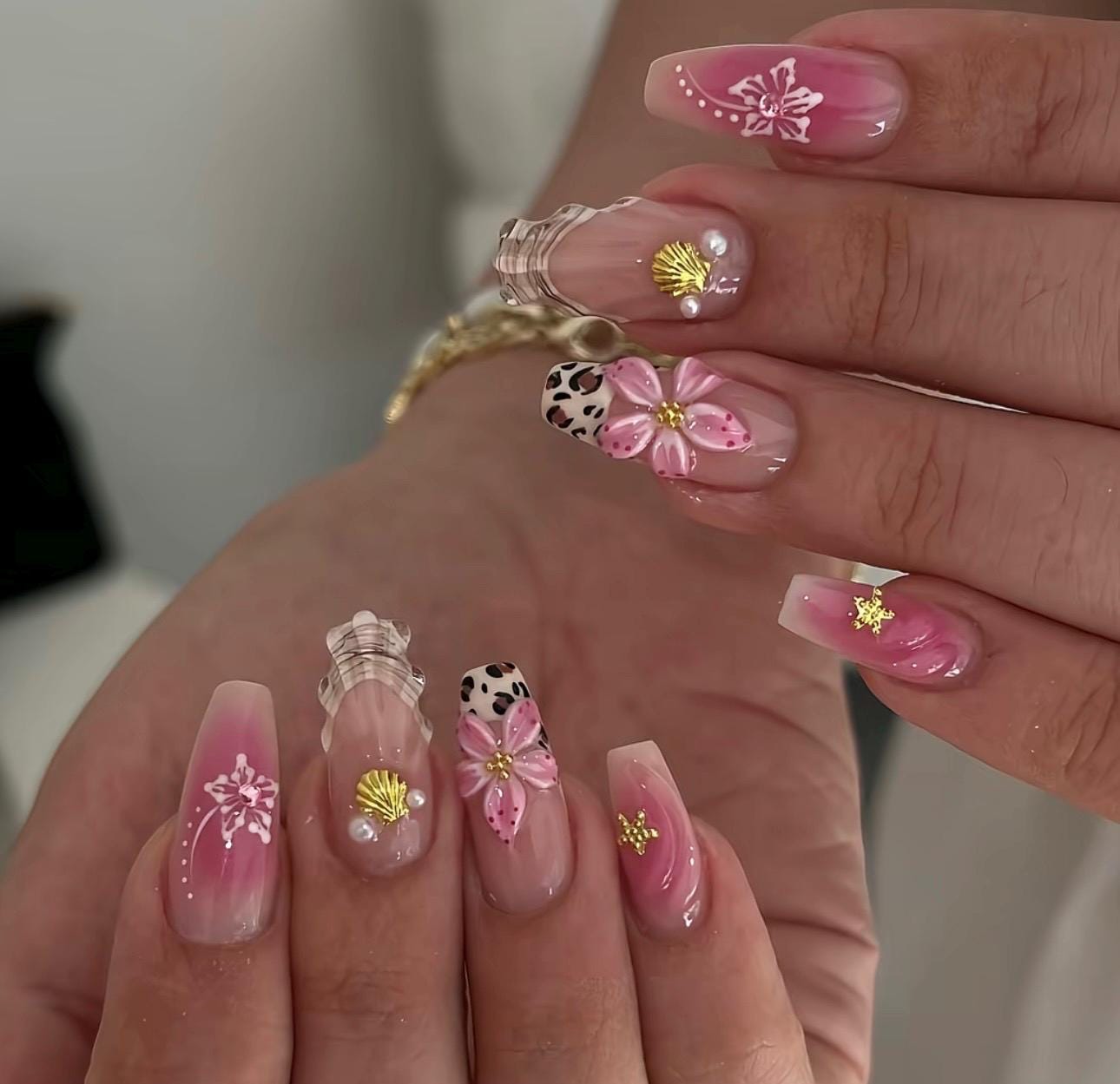 Pink Tropical 3D Flower Press On Nails: Leopard, Gold Shell, Medium Coffin Shape Nails, Handmade Fake False Nails