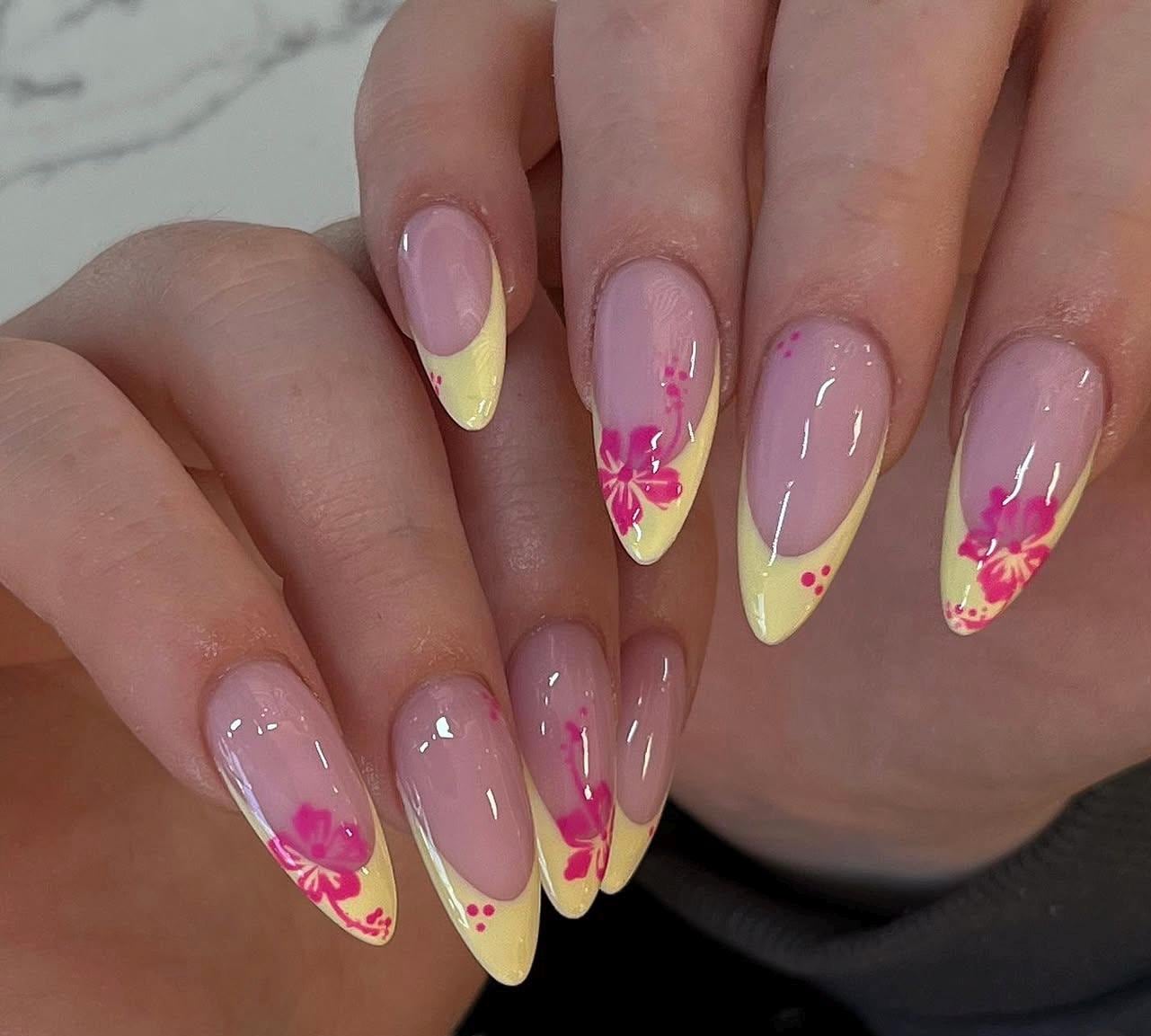 Butter Yellow French Press On Nails: Pink Flowers, Elegant Almond Tips