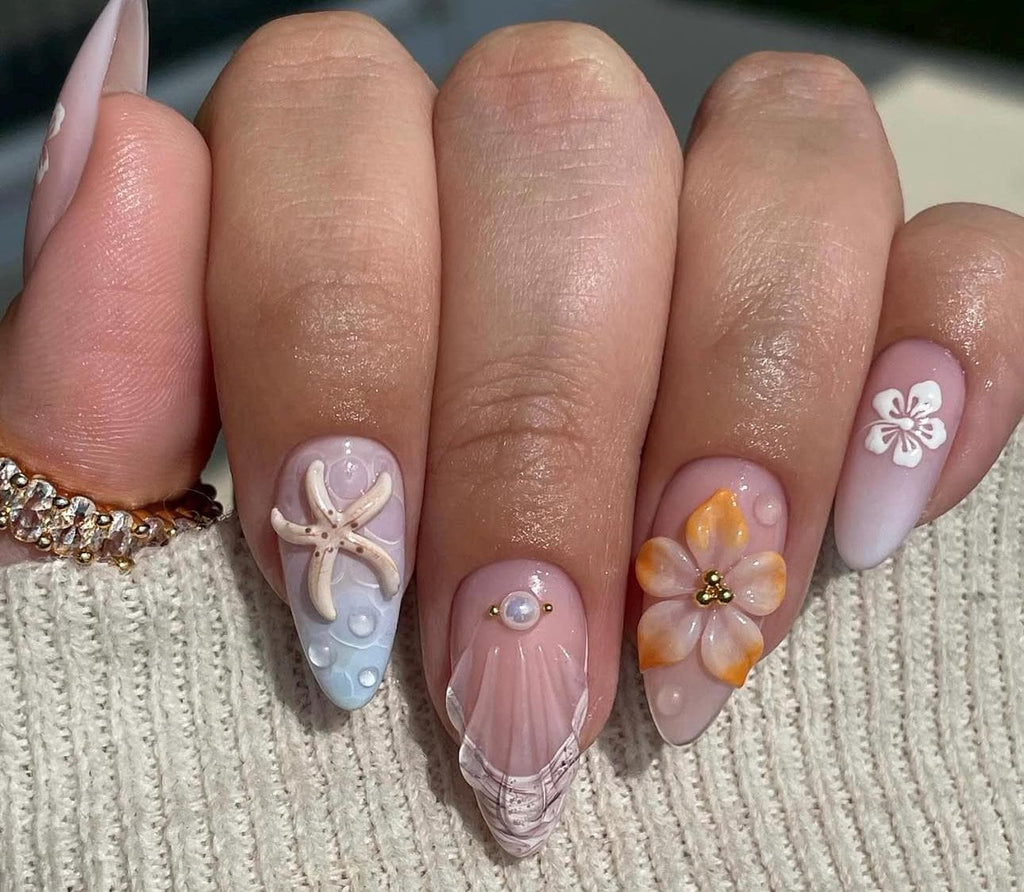 Mermaid Press On Nails: Starfish Almond-Shape Summer Set