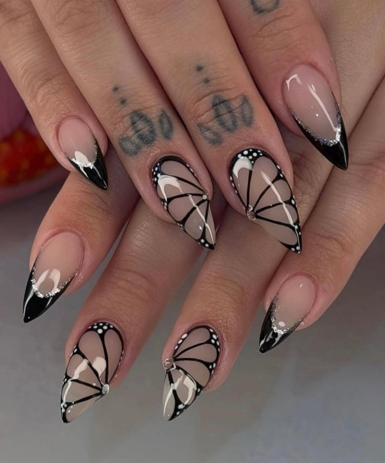 Butterfly Wing Press On Nails: Black French Medium Stiletto Rhinestone Nail Art, Handmade Press on Nails