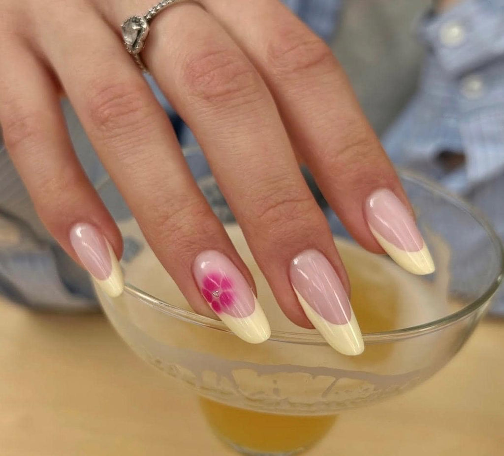 Almond Press On Nails: French Tip, Summer Flower, Pink & Yellow