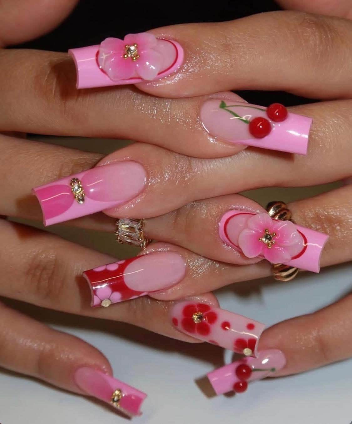Valentine’s Day Press On Nails | Pink Cherry Flower Nails | Coquette Kawaii Nails | 3D Floral Press On Nails Gift, Long Squre Nail