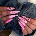 3D Pink Floral & Leopard Press On Nails | Luxury Handmade Burgundy French Tip Nails | Coquette Aesthetic Long Stiletto Nails, Spring Nails