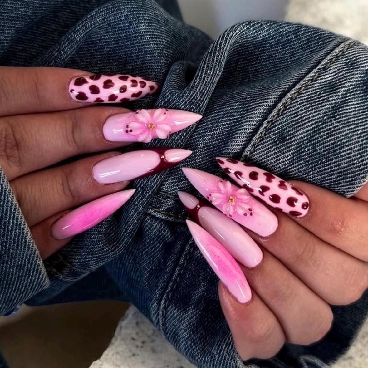 3D Pink Floral & Leopard Press On Nails | Luxury Handmade Burgundy French Tip Nails | Coquette Aesthetic Long Stiletto Nails, Spring Nails