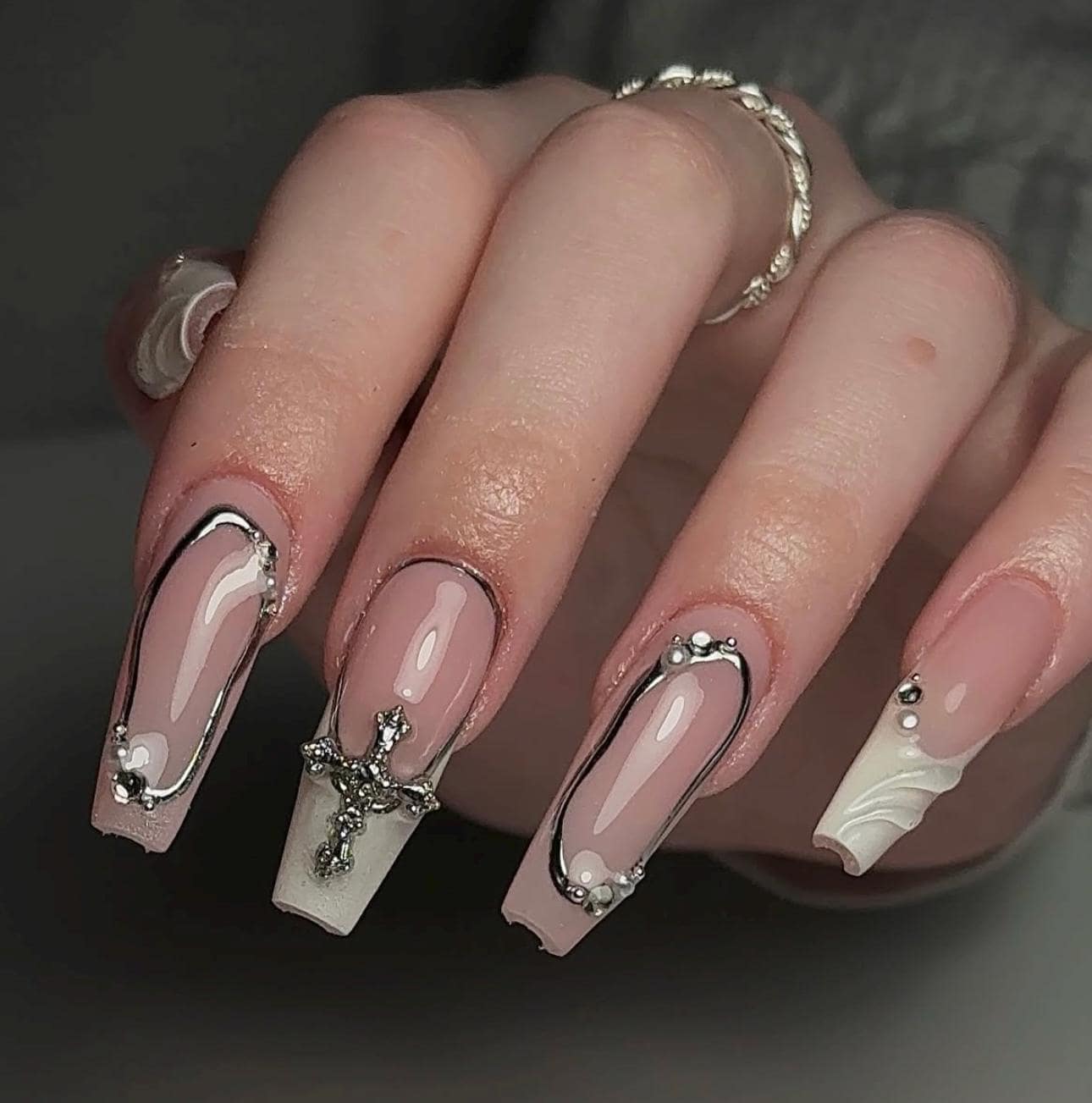 White Coffin Press On Nails: Chrome Cross, Gothic Handmade Nail Set