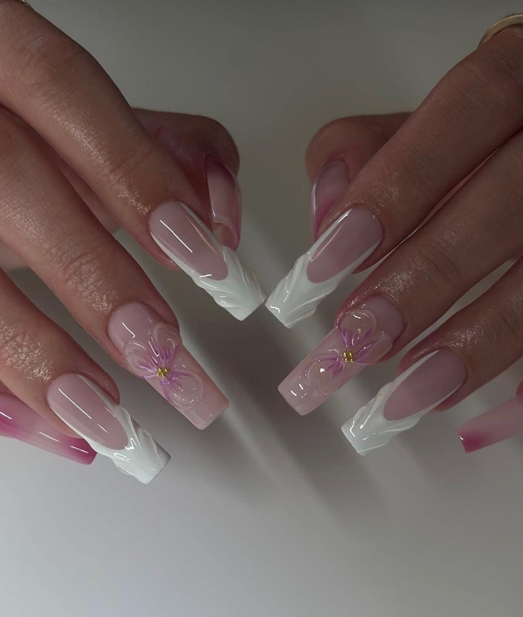 3D Flower Press On Nails: Square French Tip, Luxury Handmade Gel