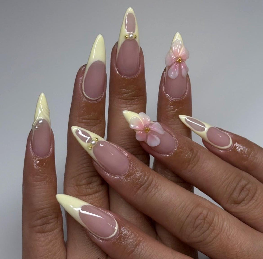 3D Floral Press On Nails: Long Almond French Tip, Butter Yellow French, Handmade Nail Set