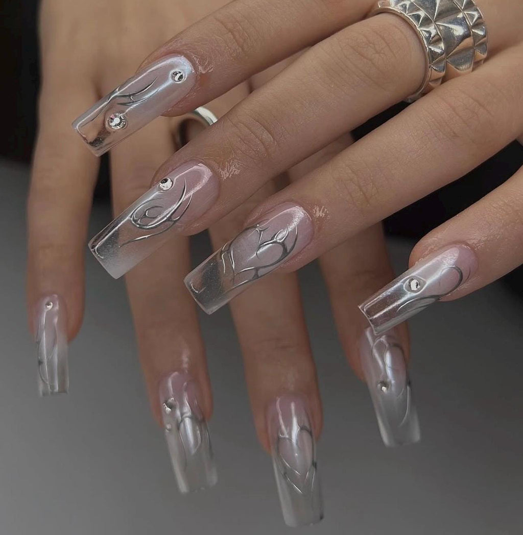 Y2K Silver Metallic Long Square Clear Handmade Press On Nails