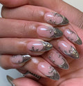 Almond Chrome Press On Nails: Y2K Ethnic Pattern, Silver Shine