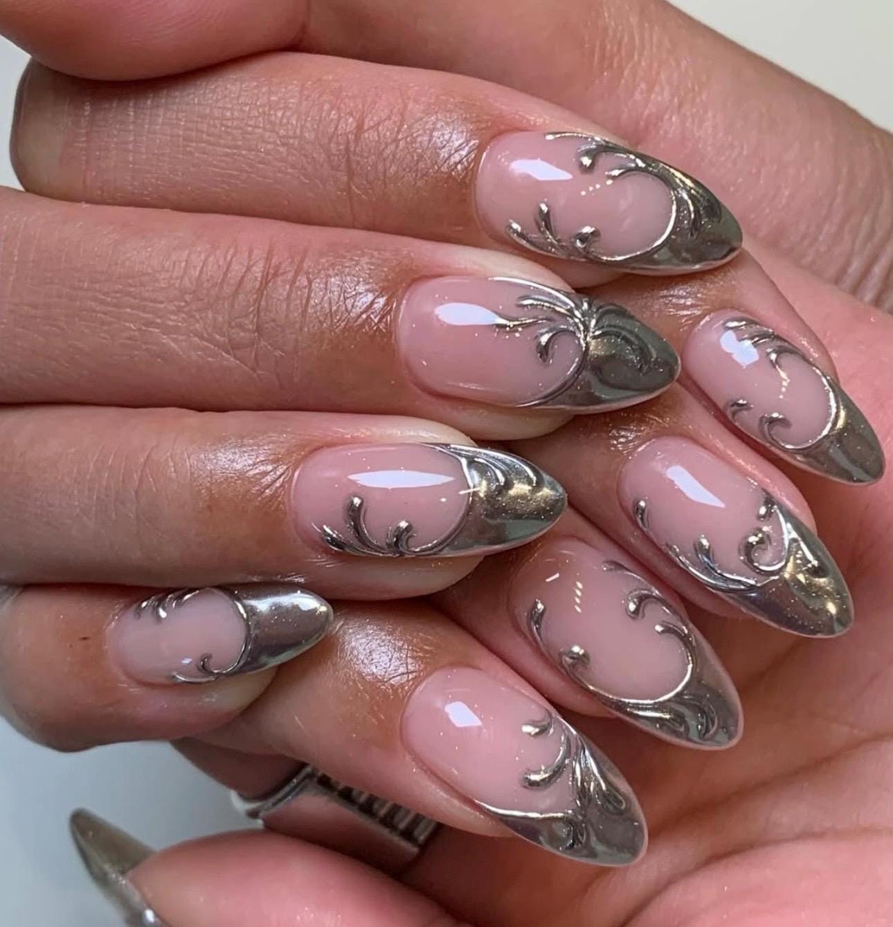 Almond Chrome Press On Nails: Y2K Ethnic Pattern, Silver Shine