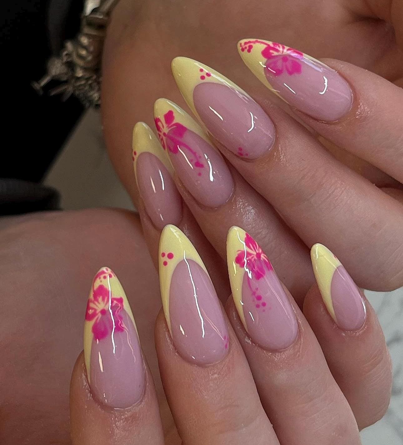 Butter Yellow French Press On Nails: Pink Flowers, Elegant Almond Tips