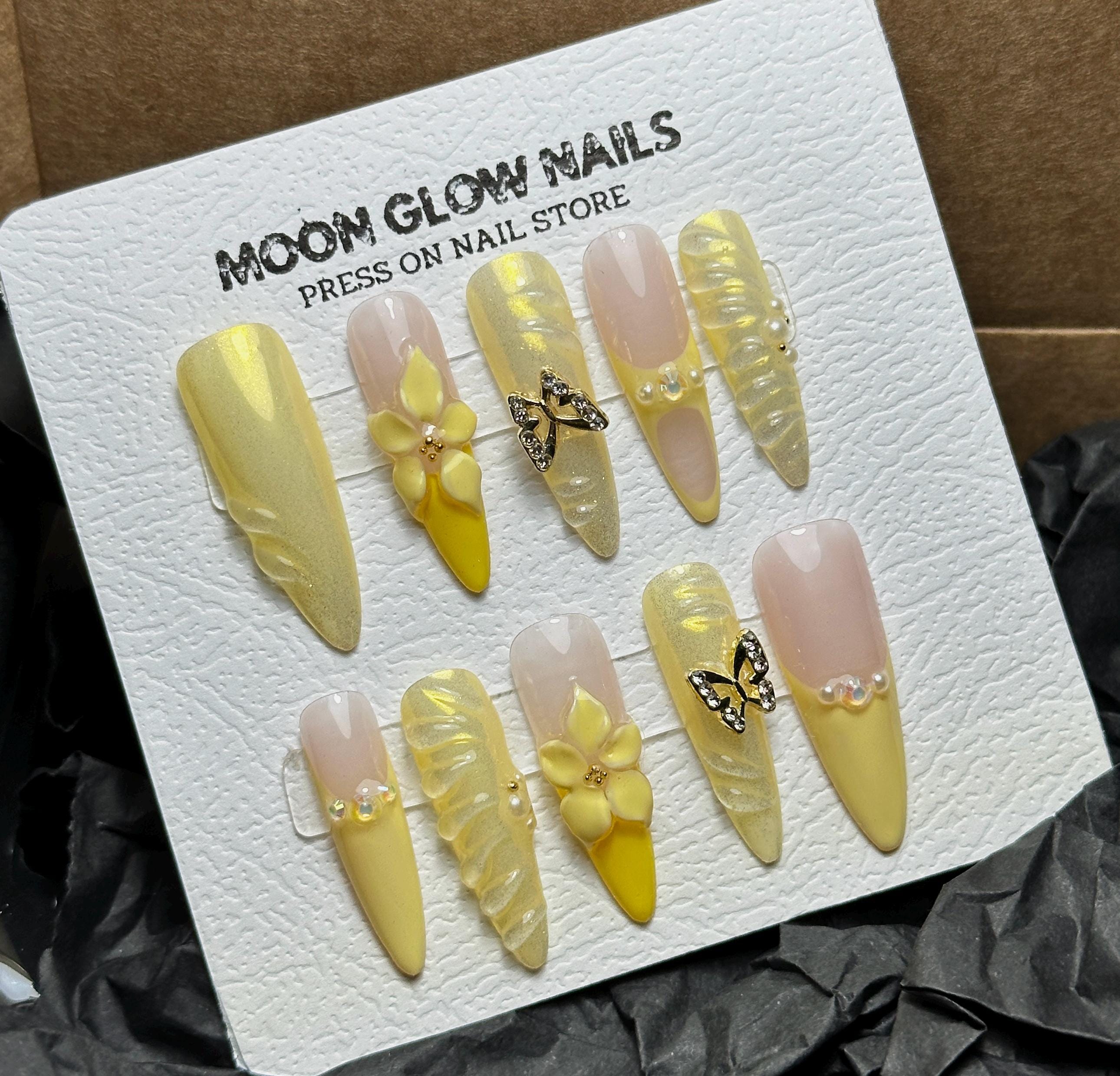 Yellow Press On Nails: 3D Floral Butterfly Almond Glam Nails