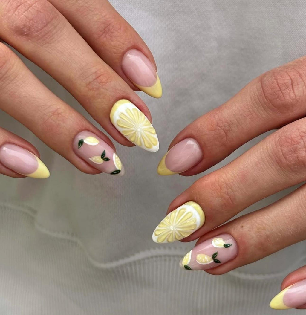 Lemon Yellow Press On Nails: 3D Flower, Summer Beach Style