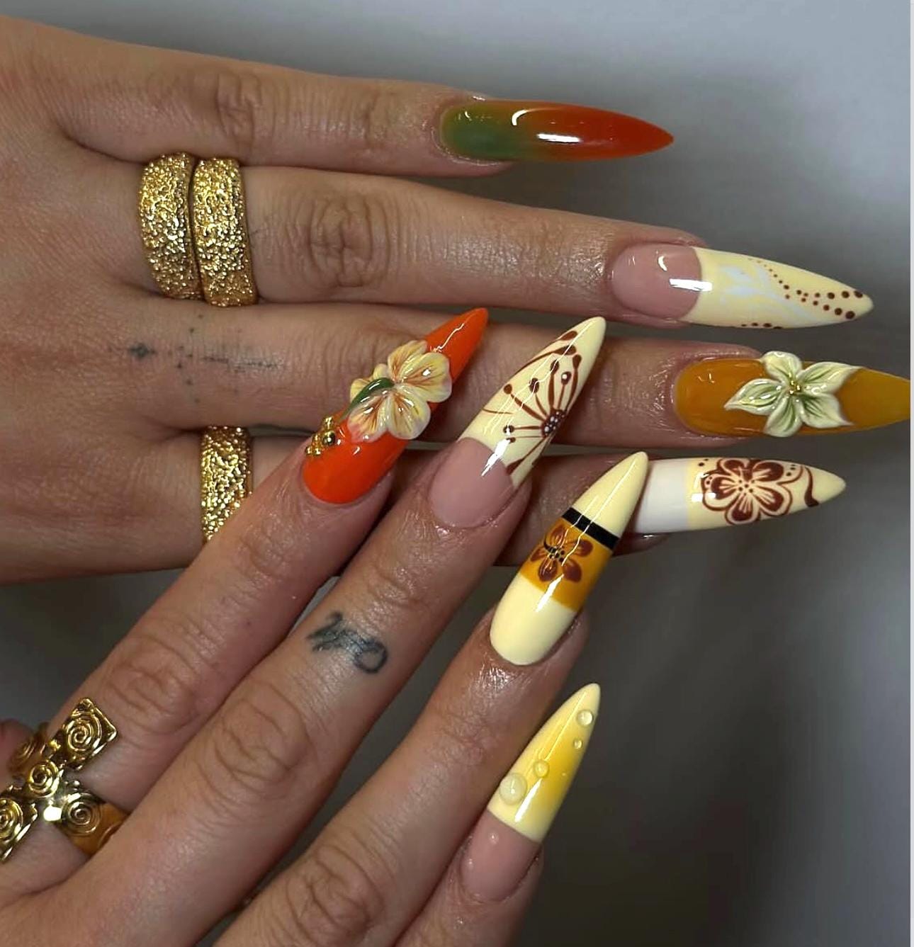 Butter Yellow French Tip Press On Nails: 3D Floral Almond, Elegant Summer Style